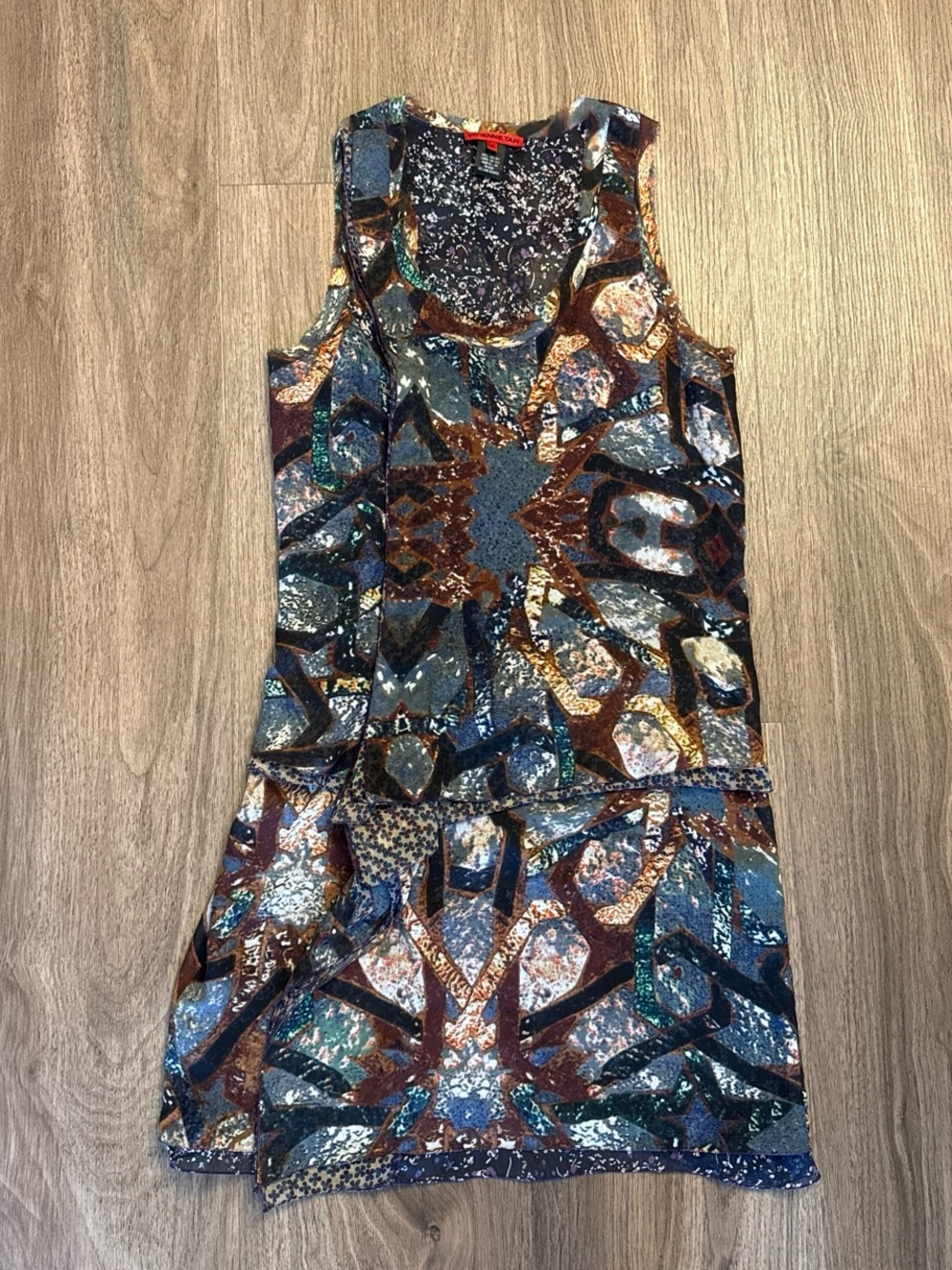 Vintage Vivienne Tam Blue and Brown Abstract 100% silk Sleeveless Dress size 4